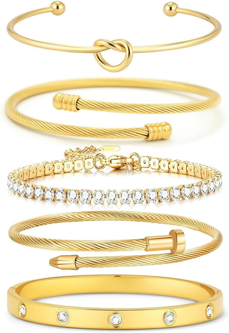 FAFUGA 18 K Gold Plated Love Bangle Bracelet Stack Cuff Jewelry for Women Jewelry Set for Women Gift with Box - Image 1
